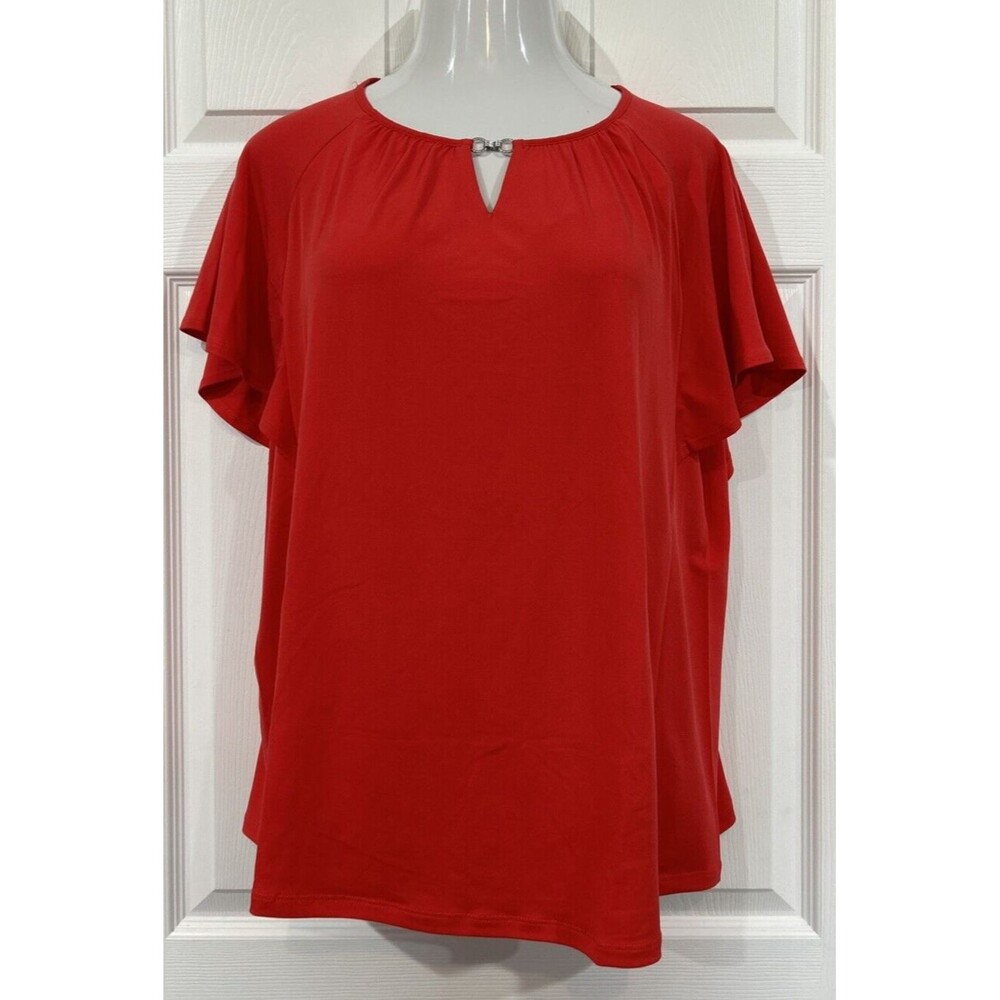 Susan Graver Liquid Knit Stretch Red Top Blouse Flutter Sleeve XL